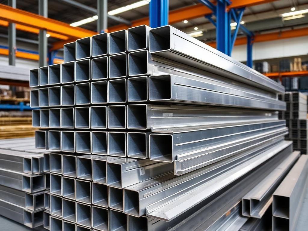 Tubos de aço metalon quadrados empilhados em estoque